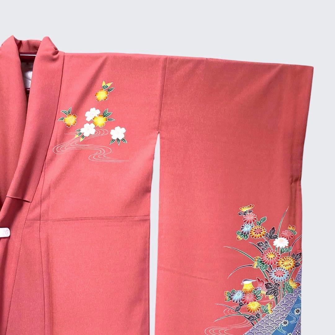 【良品✨】東レシルック　振袖　洗える着物　中紅色　四季草花模様　トールサイズG2