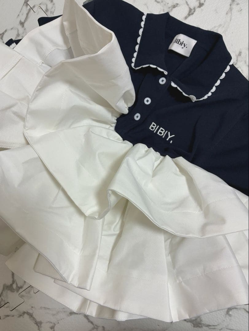 Bibiy フリル付きポロシャツ 半袖 ネイビー・ホワイト