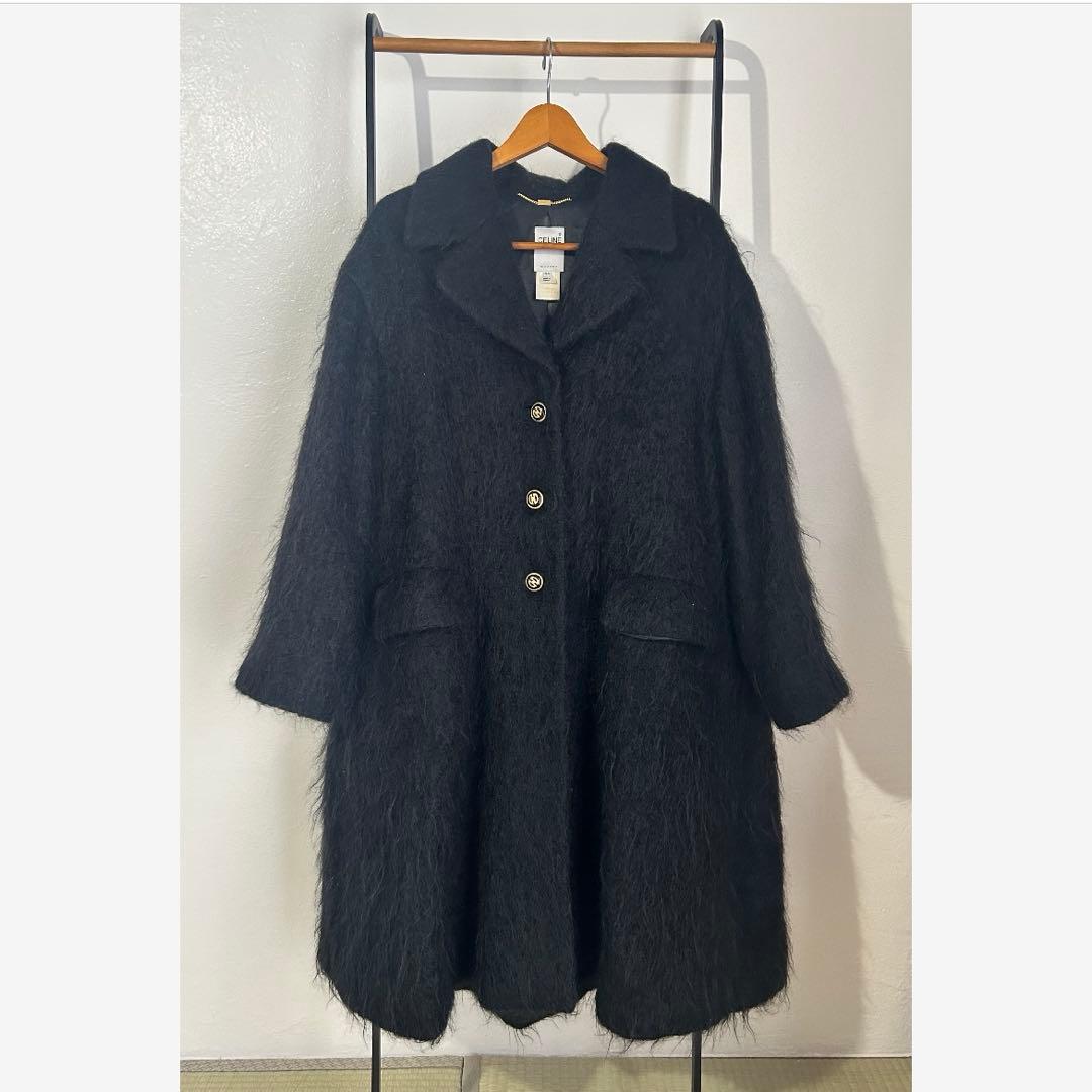 vintage CELINE PARIS モヘアロングコート 黒