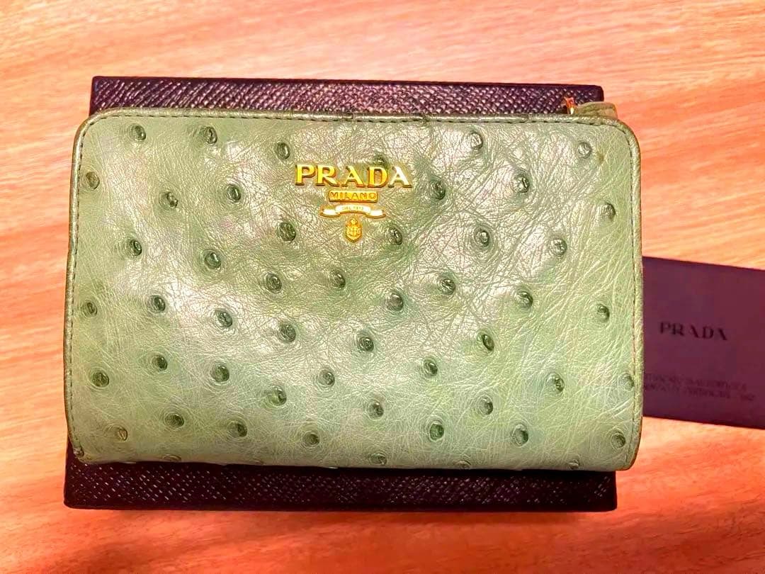 PRADA 二つ折り財布 オーストリッチレザー ミントグリーン