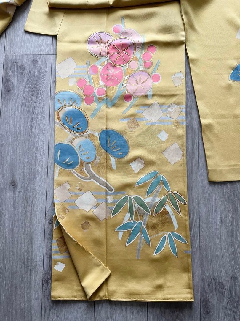 【パールトーン加工済】山吹色 振袖 松竹梅・流水・花丸文様