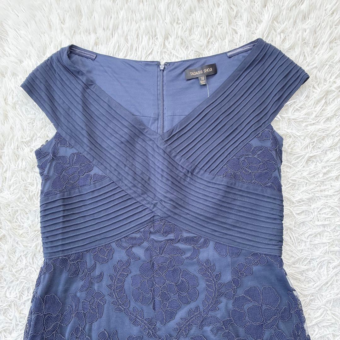 新品✨️タダシショージ 花柄レース ワンピース Vネック フレンチスリーブ 紺色