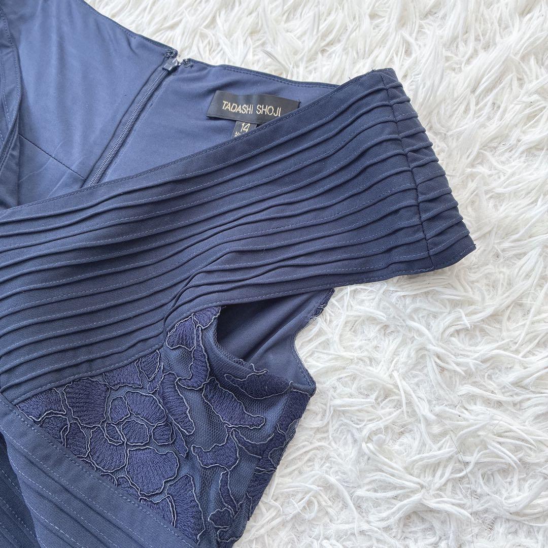 新品✨️タダシショージ 花柄レース ワンピース Vネック フレンチスリーブ 紺色