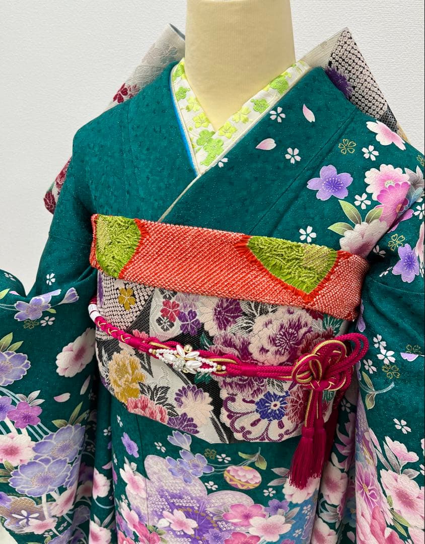 振り袖　フルセット　別誂長襦袢　成人式　エメラルド　金彩　刺繍　銀通し　766
