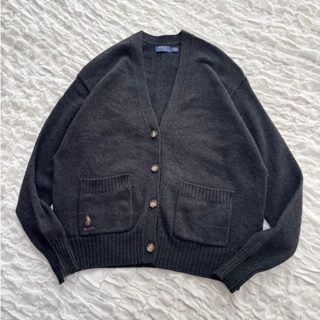 【美品】 ポロラルフローレン ウールVネックカーディガン ニット 刺繍ロゴ