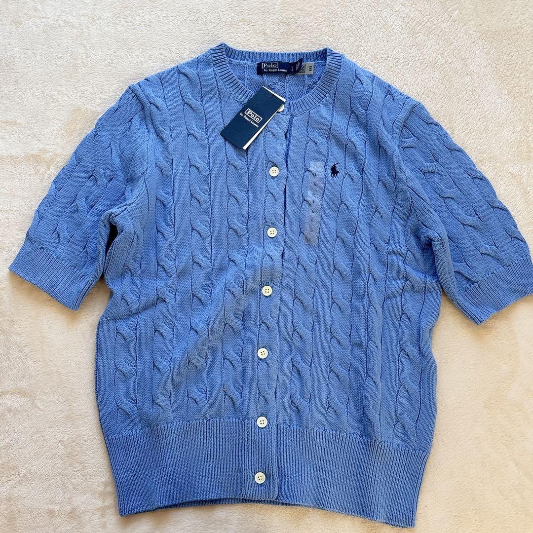 新品✨ポロラルフローレン ケーブルニット 半袖カーディガン ポニー 水色 L