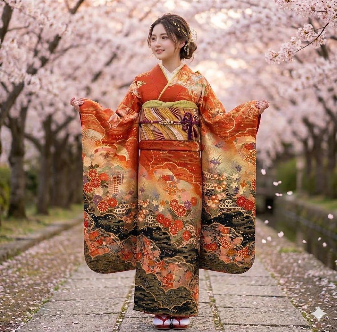 正絹 振袖 フルセット 成人式 豪華 金彩 古典柄 Mサイズ 5点セット✨
