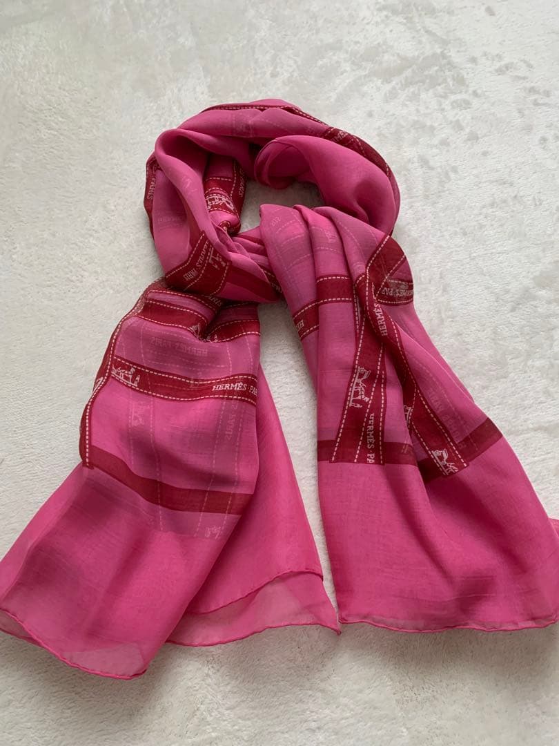 HERMES エルメス☆ ボルデュックリボンピンク⭐︎シルクシフォンストール