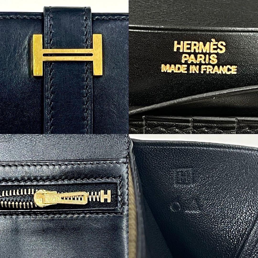 エルメス　ベアンコンパクト　ボックスカーフ　黒　折り財布　□H刻印