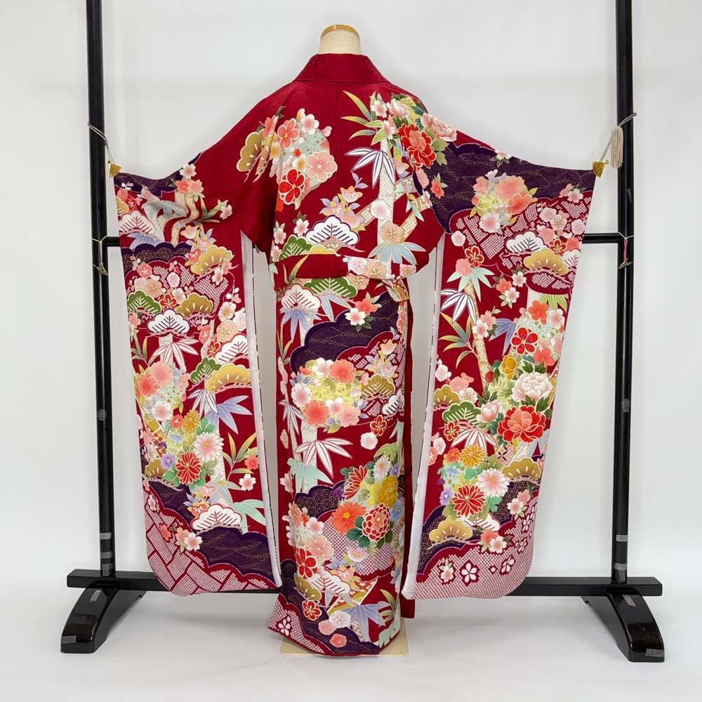 振袖 正絹 赤 緑 古典花柄　裄72.3㎝ 　成人式 中古 c-81