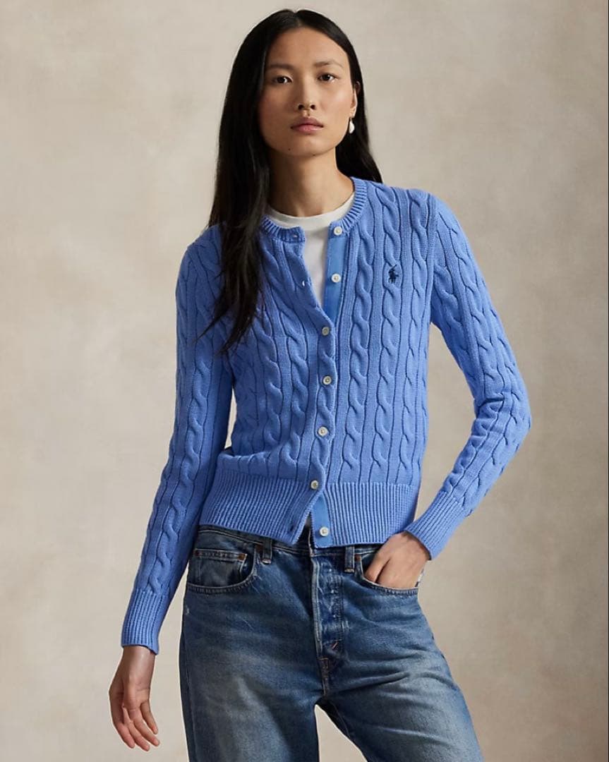 Ralph Lauren ケーブルニットコットンクルーネックカーディガン ブルー