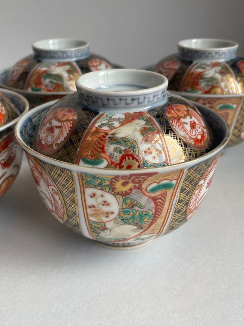 古伊万里 金蘭手柘榴図 蓋物 五客　お皿/蓋付き碗/茶碗/蓋付き/飯碗/お碗50