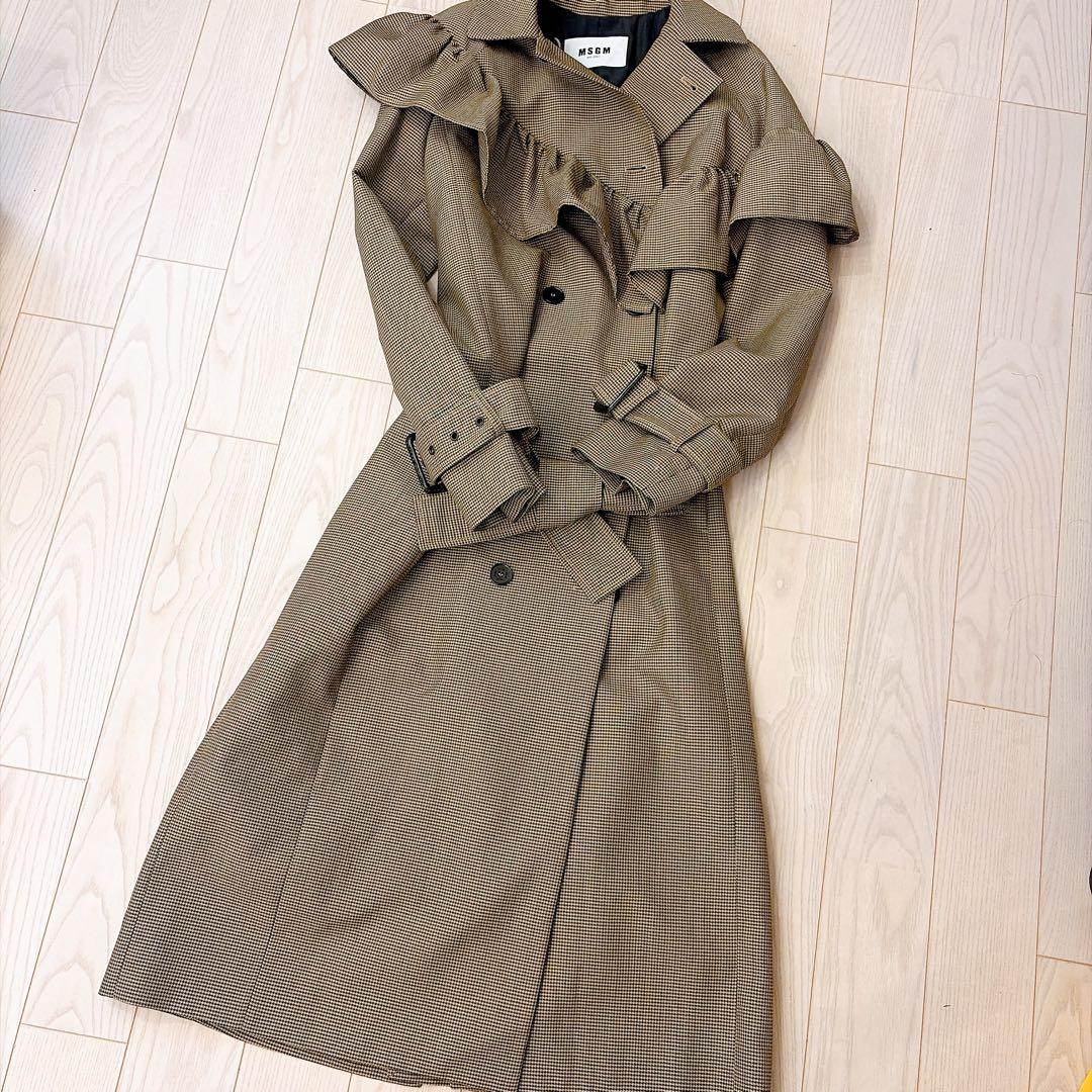 ジャケット・アウター MSGM Houndstooth Ruffle Trench Coat