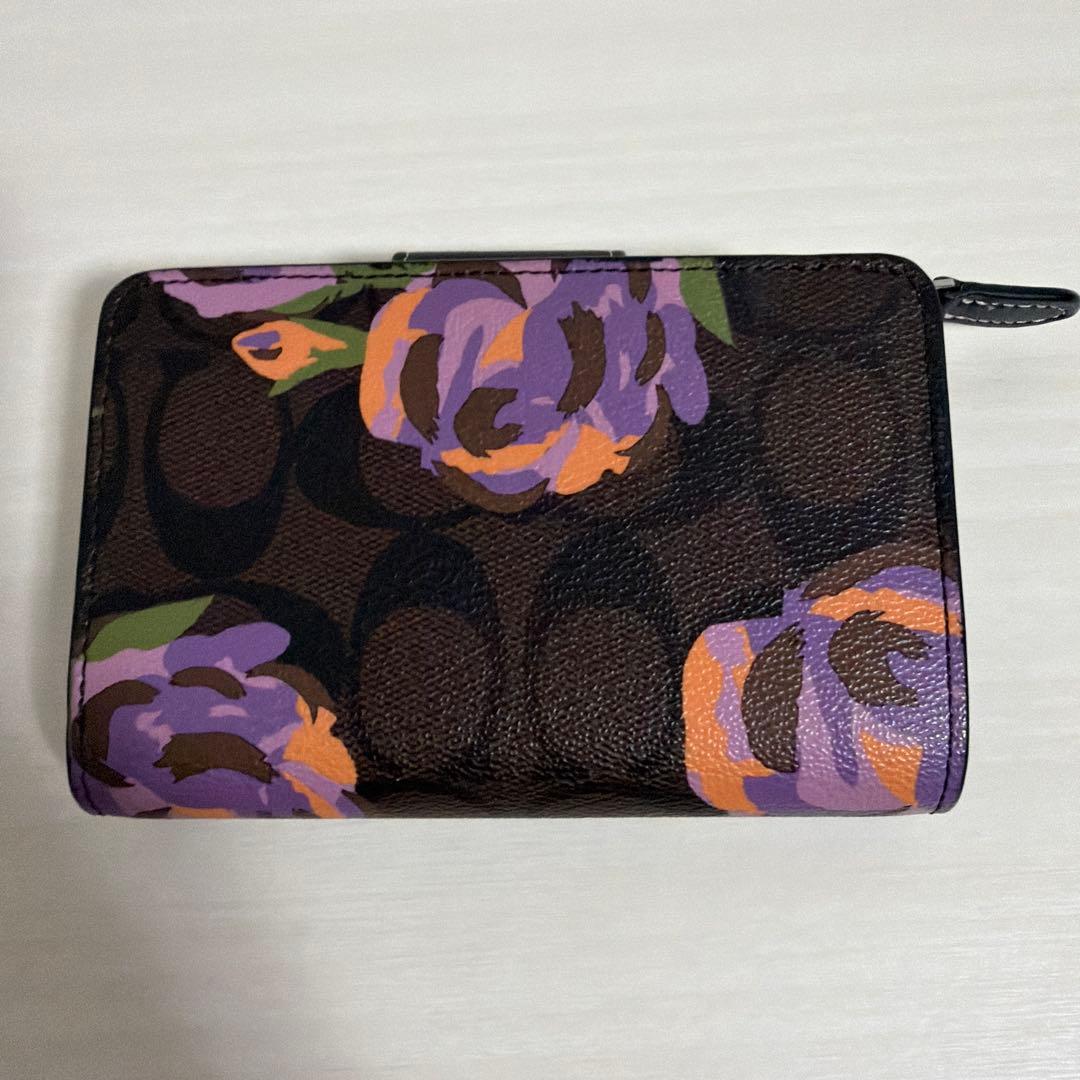 coach コーチ　二つ折り　ミニ財布　ブラウン　レザー　シグネチャー　フラワー