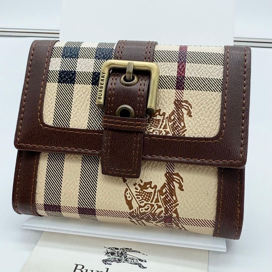 【美品】バーバリーロンドン 折り財布 ノバチェック レザー ホースロゴ