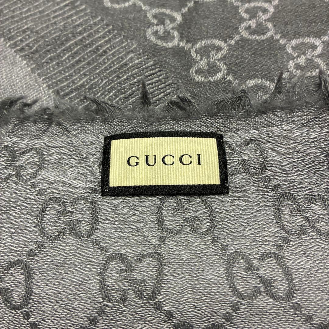 クリーニング済GUCCI GG柄 大判ストール ショール グレー ウールシルク