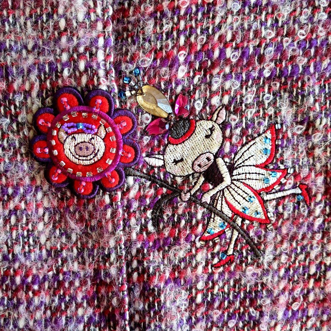 アルベロベロ ツイードコート モヘヤ混 ウール ブタさん 刺繡 アップリケ 花
