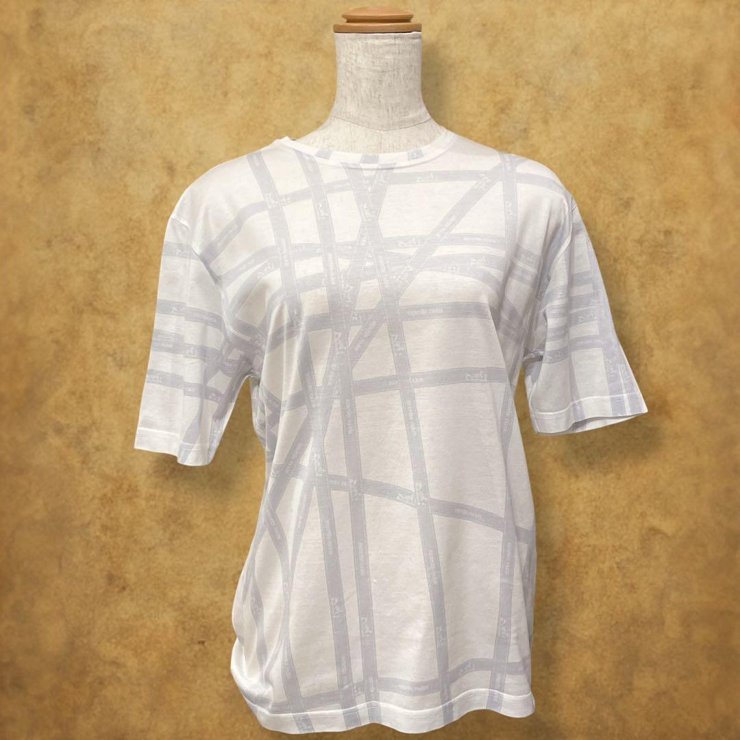HERMES Tシャツ サイズME ボルデュック リボン柄 ライトグレー　伊製