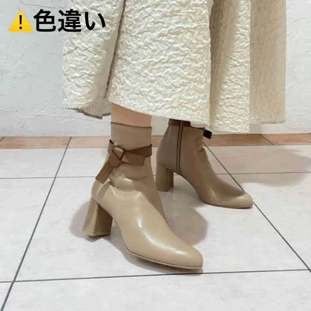 美品 ダイアナ リボンベルト本革ショートブーツ 22 サイドジップ ブラック