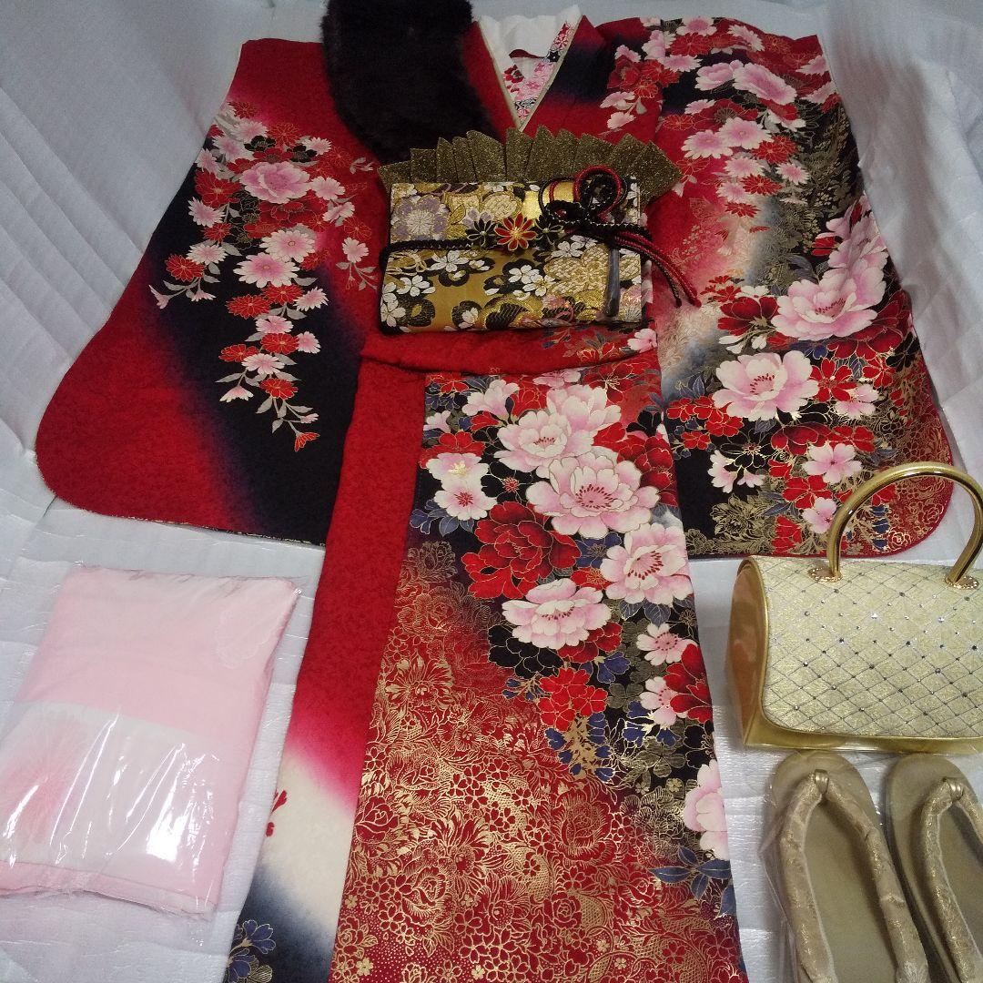 赤黒金桜正絹振袖フルセット等 袋帯 帯締め 帯揚げ 半襟 重ね襟 成人式卒業式等