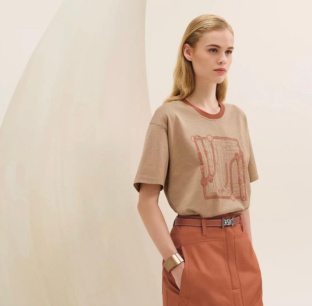 HERMES ベージュ マキシTシャツ　カルトゥッシュ36