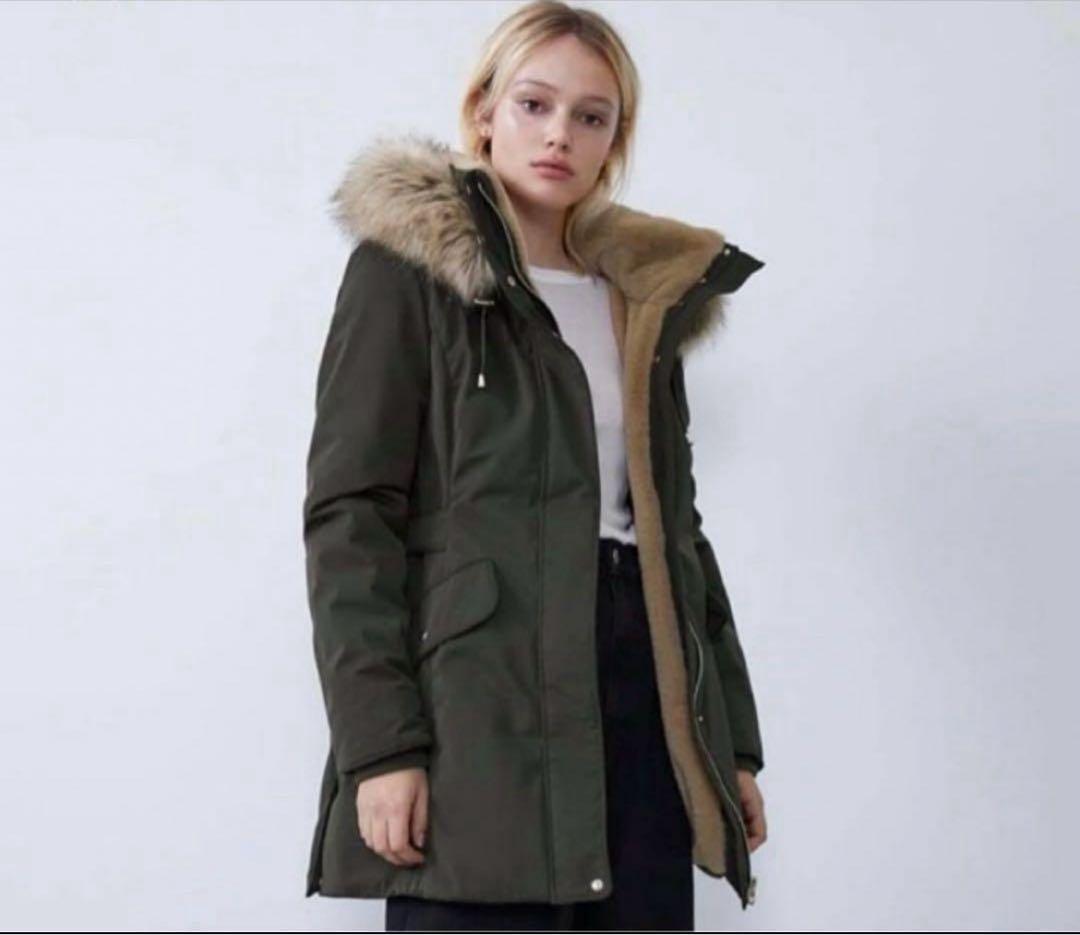 【ザラ】ZARA ダークグリーン フード付きモッズコート L
