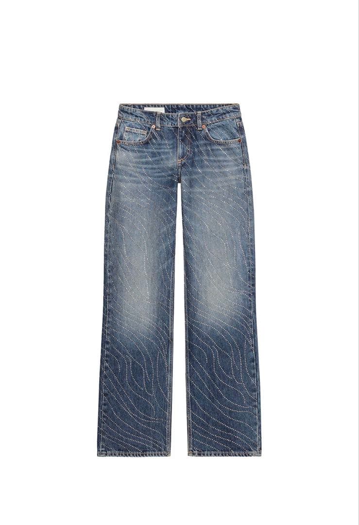ZARA 定価10,990円 ローライズストラスワイドレッグデニムパンツ 32