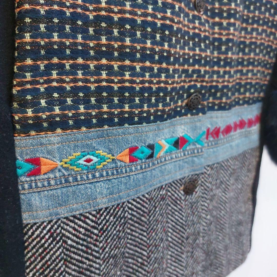 個性派✨Desigual 豪華刺繍 デニムパッチワーク ロングコート ファー襟