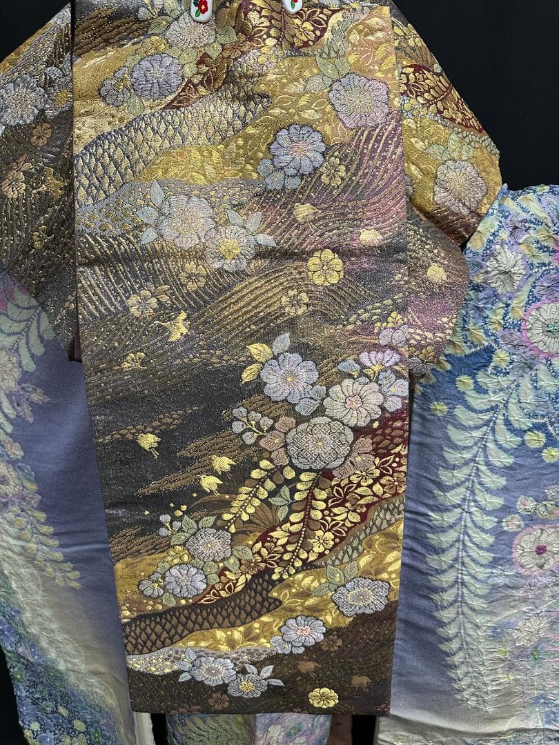 パープル系 辻が花 金通し振袖 辻が花六通柄袋帯フルセット