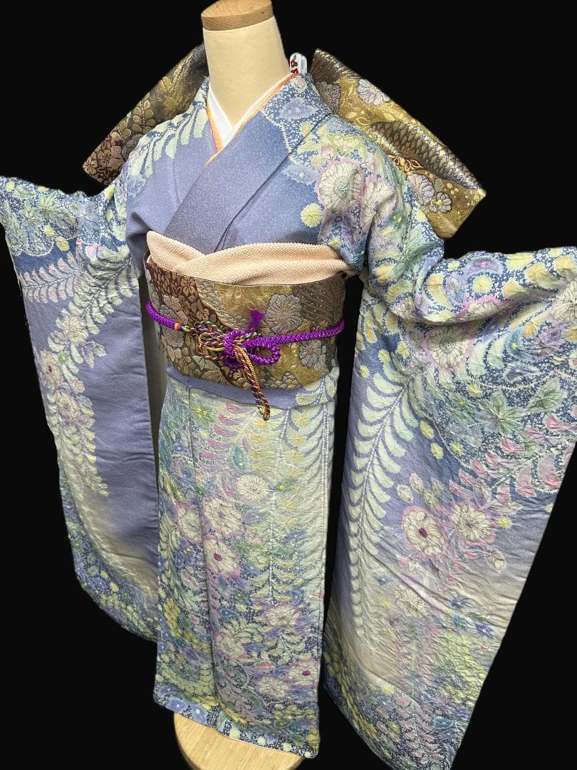 パープル系 辻が花 金通し振袖 辻が花六通柄袋帯フルセット