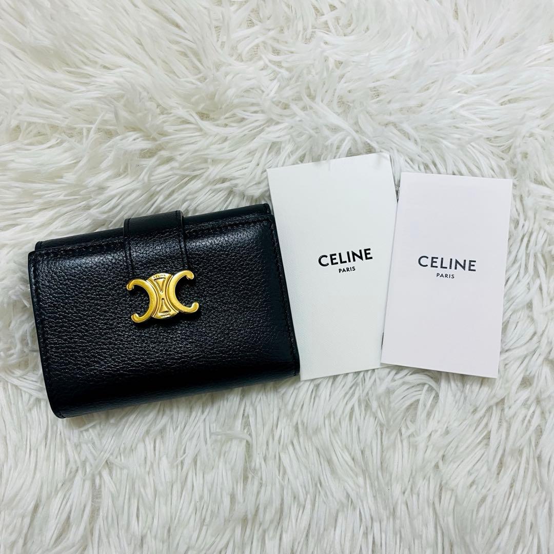 極美✨CELINE 三つ折り財布 ストラップ トリオンフ レザー ブラック