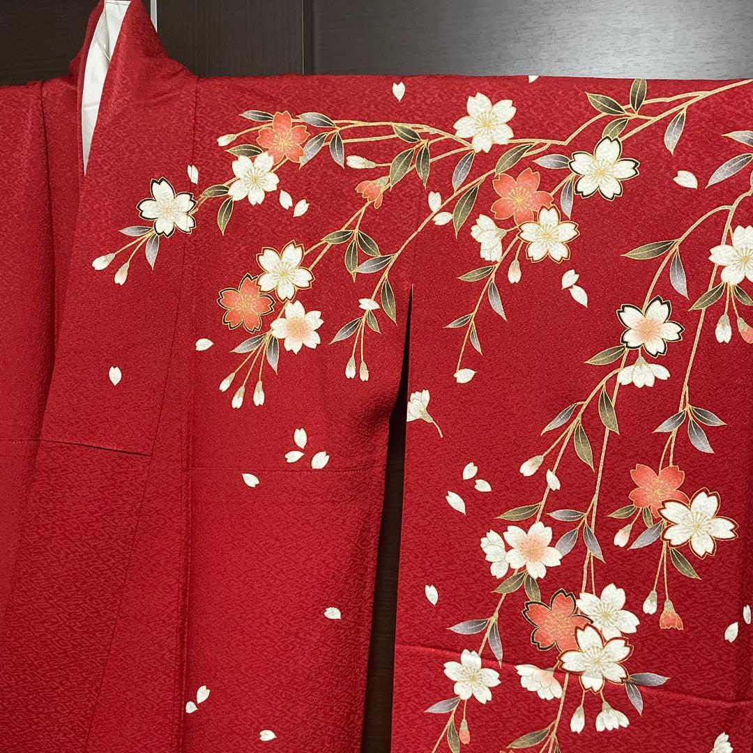 振袖　赤　枝垂れ桜　正絹　成人式　美品