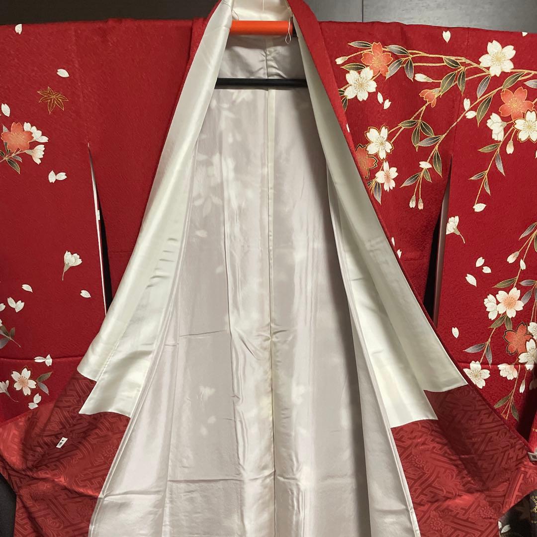 振袖　赤　枝垂れ桜　正絹　成人式　美品