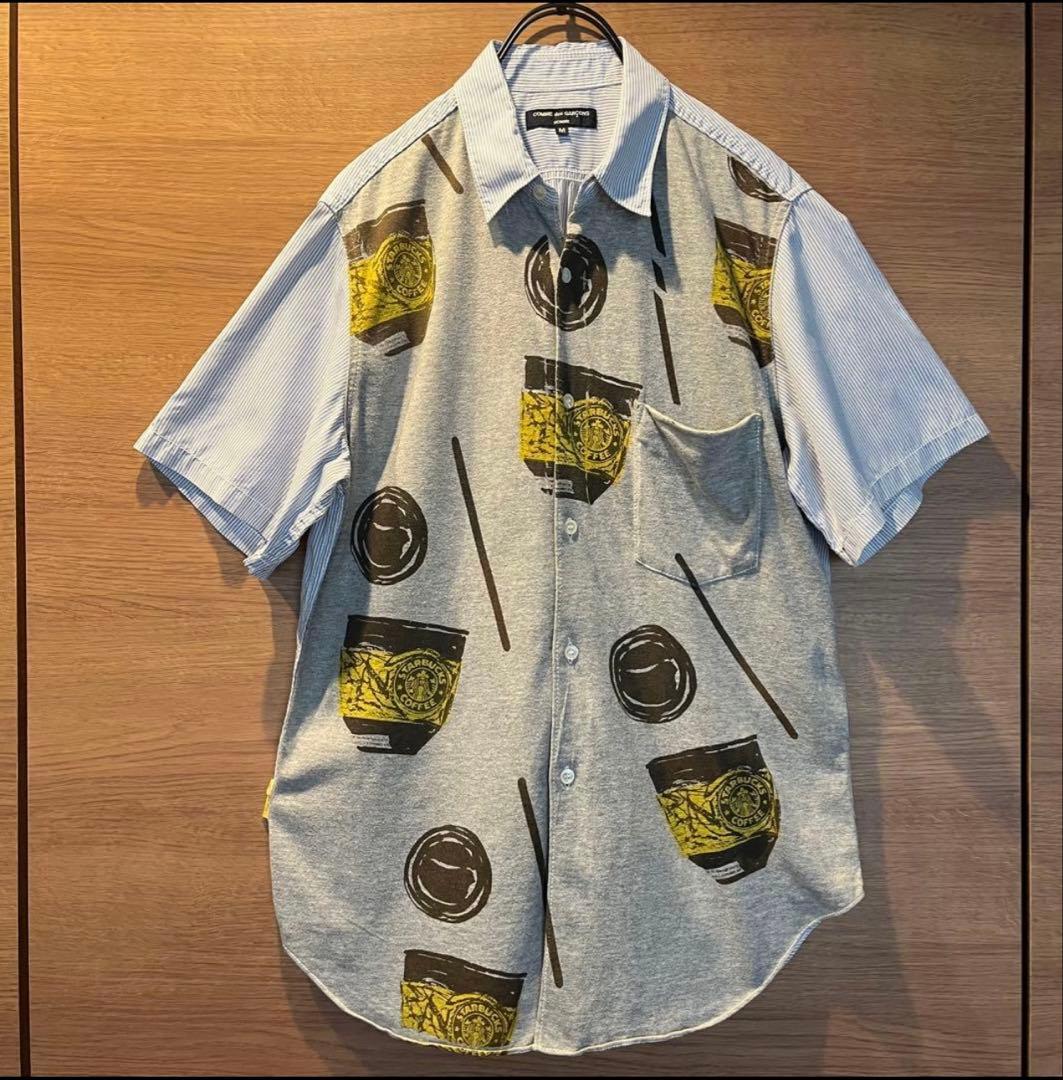 COMME des GARCONS/メンズ半袖 プリント 切替ストライプシャツ